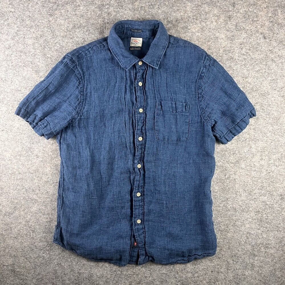Faherty Palma Linen Indigo Blue Size L Short Sleeve Button Shirt